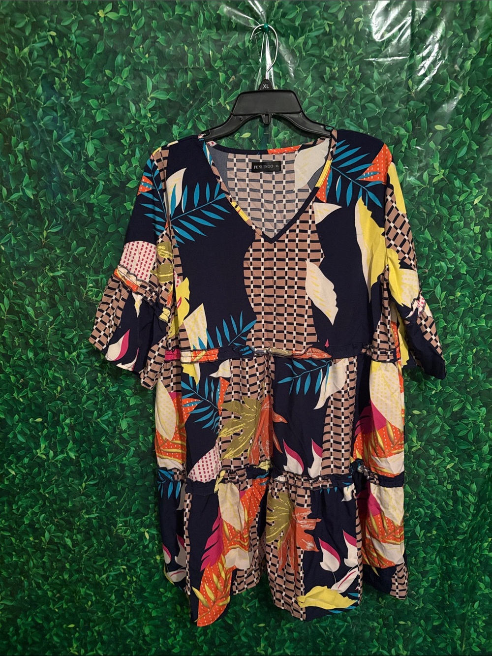 Funlingo  Navy Multi-Print V-Neck Tiered Tunic dress